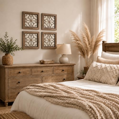 Set of 4 Boho Wall Mirrors with Carved Floral Design, 12x12 Inch Rustic Farmh...