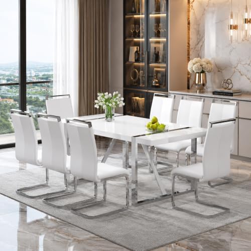 Ebullient White Dining Table Set for 8，Rectangular MDF Kitchen Table and Leat...
