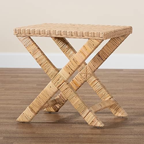 Bali & pari Farica Modern Bohemian Natural Rattan and Mahogany Accent Bench