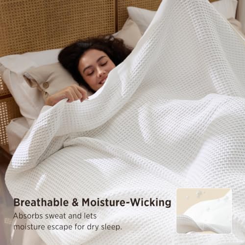 Bedsure 100% Cotton Blanket, Waffle Weave, Queen Size, White, 90"x90"