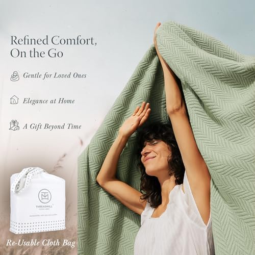Threadmill Luxury 100% Cotton Queen Herringbone Blanket, Sage Green
