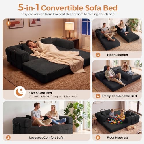 79" Convertible Futon Sofa Bed, Boneless Couch for Living Room | Corduro...