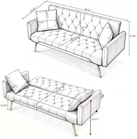 Futon Sofa Bed with Adjustable Backrest, Convertible Futon Couch with 2 Pillo...