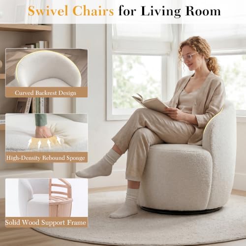 FOXHUNTER 360° Swivel Accent Chair, Barrel Chairs, Teddy Ivory