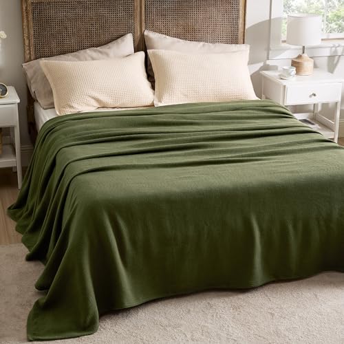 Bedsure 100% Cotton Blanket, Herringbone Weave, Queen Size, Moss Green