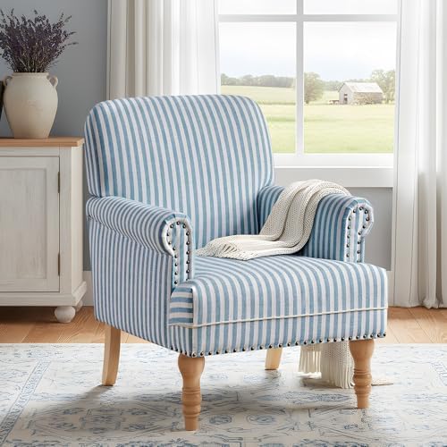 HUIMO Linen Fabric Accent Chair, Mid-Century Modern Armchair with Solid Wood ...