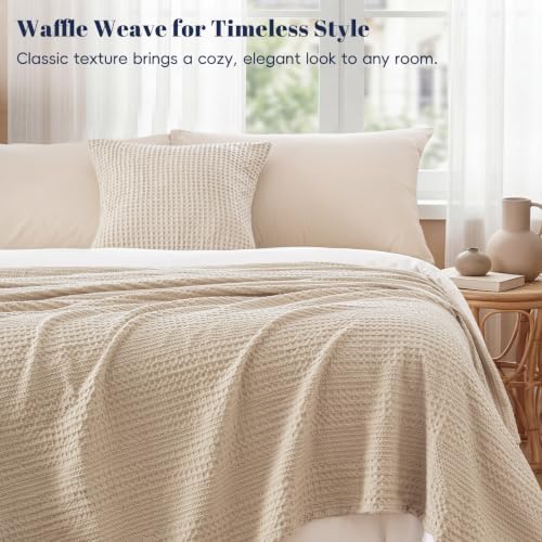 PHF Lightweight Waffle Weave Blanket King for Bed Light Tan 104"x90"