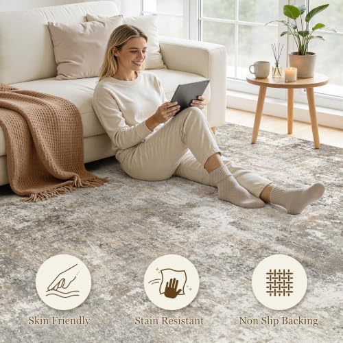 8x10 Area Rugs Living Room: Abstract Washable Rug Brown Grey
