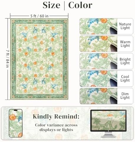 5x7 Area Rug for Living Room, Green Floral Boho Washable Rugs for Bedroom