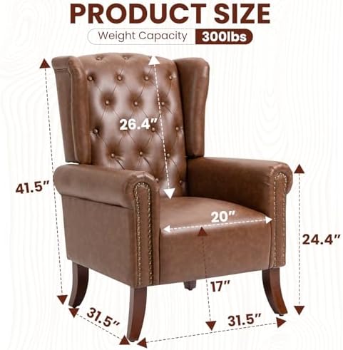 Faux Leather Accent Chair, Mid-Century Armchair Upholstered Club Sofa Chair w...