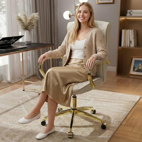 HomeZeer White and Gold Office Chair, Luxury Leather Executive Desk Chair
