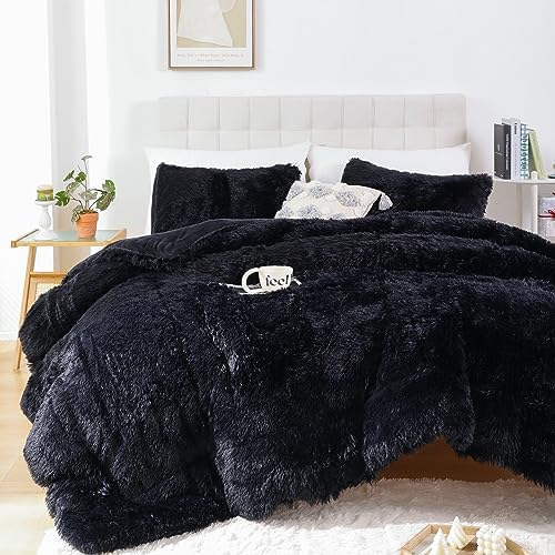 Smoofy Fluffy Queen Comforter Set, Black Faux Fur Comforter Set 3 Pieces