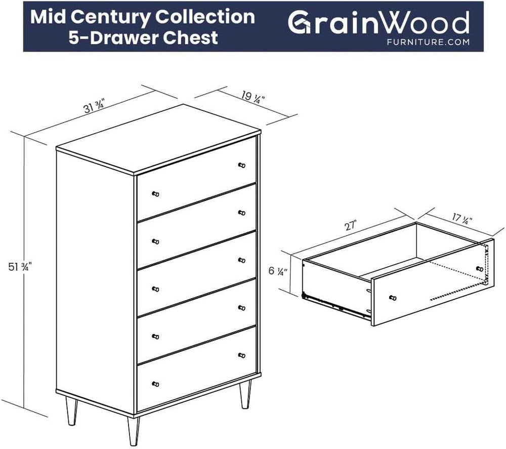 Mid Century 5-Drawer Chest, Brushed Walnut