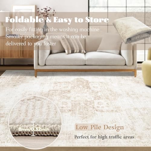 Area Rug 9x12 Washable Rug, Vintage Boho Medallion Rugs Non-Slip Soft Low Pil...