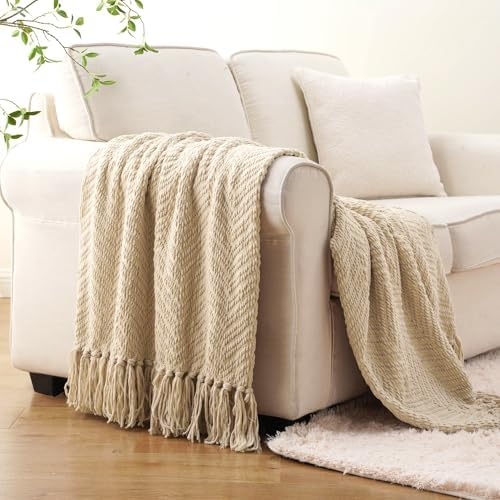 BATTILO HOME Beige Throw Blanket for Couch, Knitted Beige Throw for Bed, Neut...
