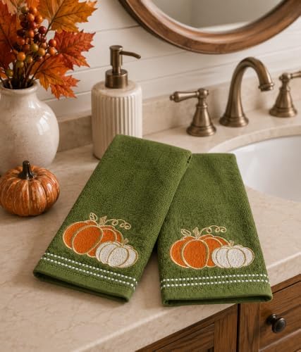 Fall Farmhouse Green Bathroom Hand Towels , Orange & Gold Pumpkins, 16"x25" | Set of 2, 100% Cotton, Embroidered Harvest Design, Fancy Trim, Perfect for Parties & Gifts, Kitchen & Bath Decor Accent