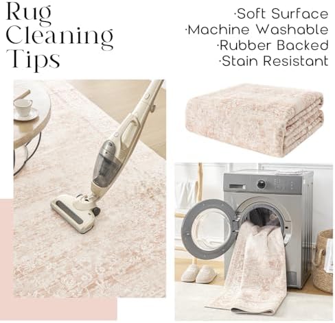 Pink Area Rug 8x10 Low Pile Washable Vintage Large Rugs for Living Room