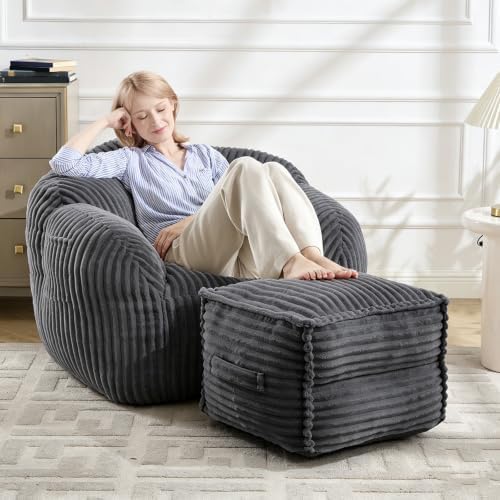 Square Stuffed Pouf Ottoman with Foam Chunk Filling, Darkgray