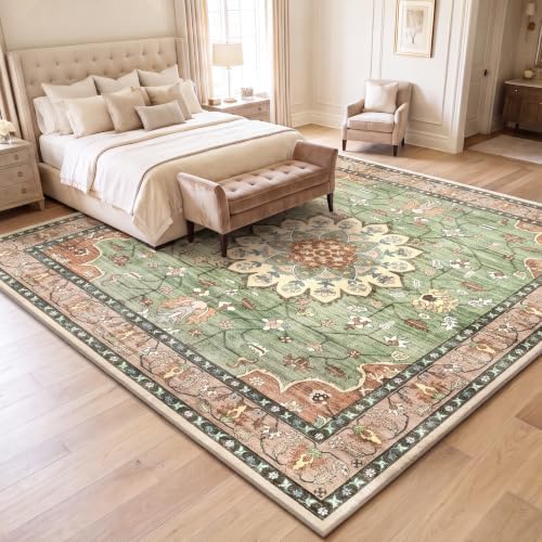 10x14 Washable Area Rug, Large Vintage Distressed Medallion Rugs