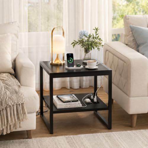 Homieasy End Table with Charging Station, 20" Mini Fridge Stand, Black