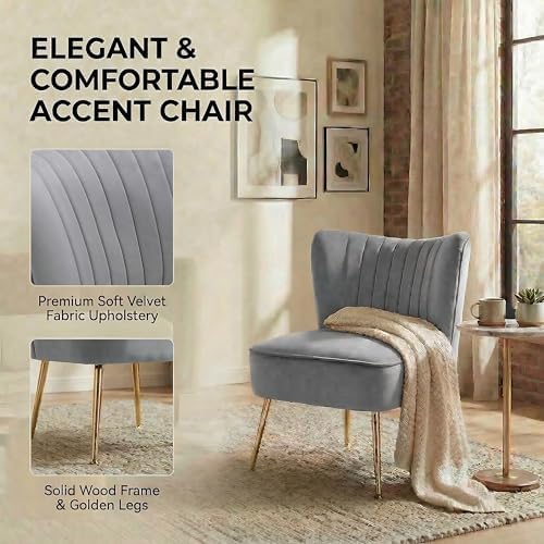 DUOMAY Modern Accent Chair Set of 2 Velvet Slipper Chair with Gold Legs Wingb...