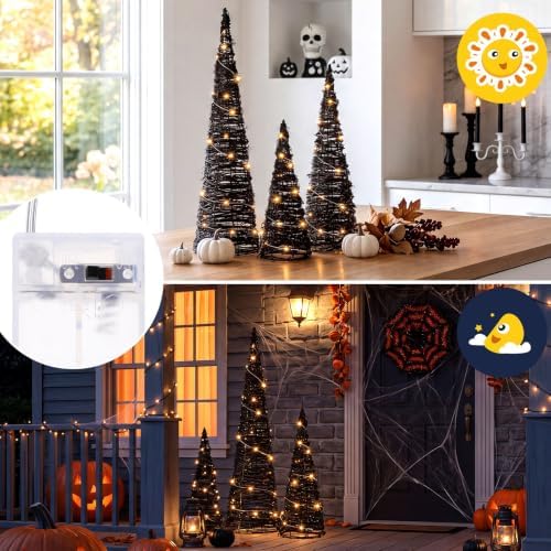 Jenaai 3 Lighted Halloween Rattan Trees 24" 16" 12", Cone Tree...
