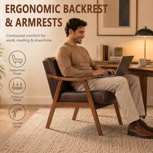 Anwick Mid-Century Modern Accent Chair,PU Leather Living Room Chair with Soli...