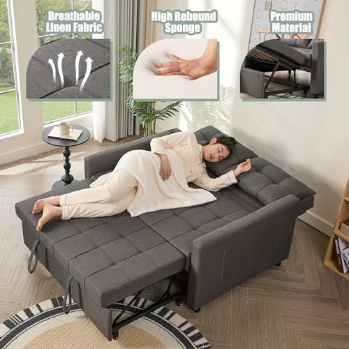 GOSUHI 52" 3-in-1 Convertible Sleeper Sofa Bed, Linen, Dark Gray