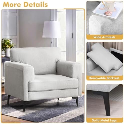 CDCASA Oversized Accent Chair, Linen Mid Century Chair 1PC, Light Gray