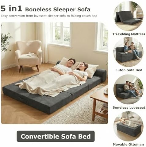 5-in-1 Convertible Sofa Bed, Boneless Loveseat, Tri-fold Futon Sofa Bed with ...