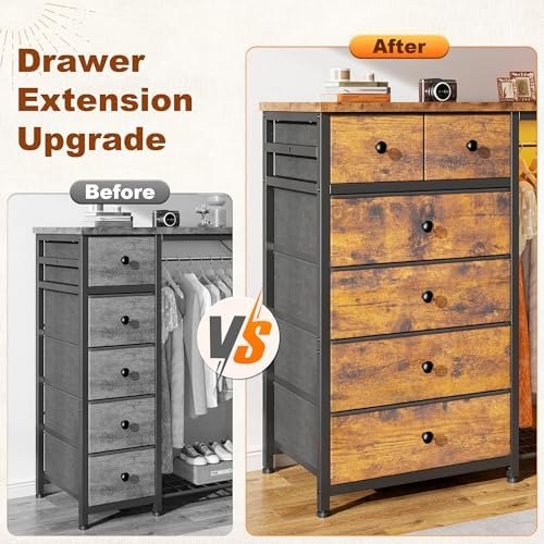 EnHomee 49.2" W Dresser with Hanging Rack & 6 Drawers, Grid Panel &a...