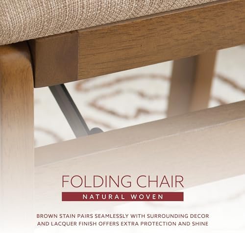 Linon Bennett Natural Folding Chair with Woven Rope Back and Linen Upholstere...