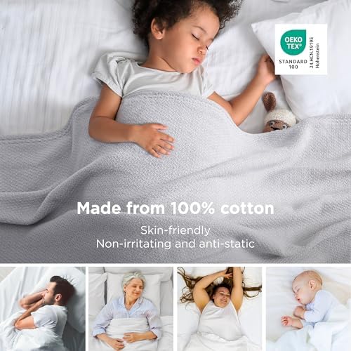 Bedsure 100% Cotton Blanket, Herringbone Weave, Queen Size, Cool Grey
