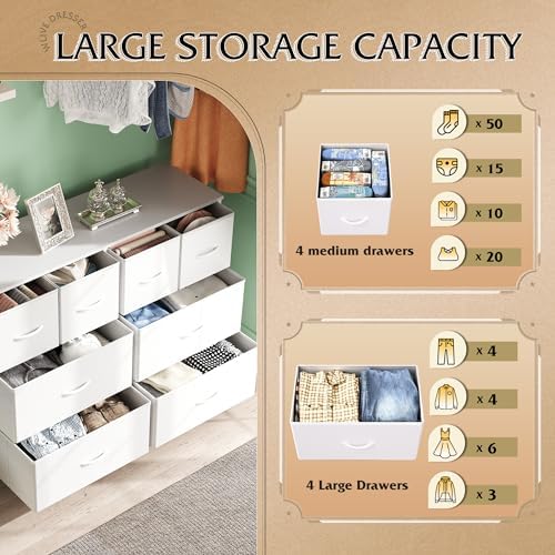 WLIVE Wide Dresser for Bedroom, 8 Drawer Chest of Drawers, White