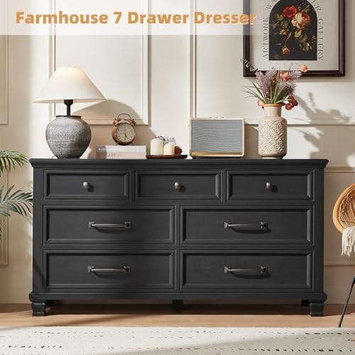 SAVOR LIFE Farmhouse 7 Drawer Dresser for Bedroom, Black