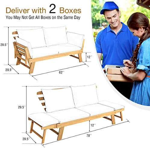 Tangkula Convertible Acacia Wood Patio Sofa Bed with Adjustable Armrest