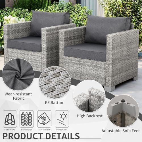 WAROOM Patio Chairs Set of 2 Wicker Outdoor Sofa, Porch Single Chair Grey Rat...