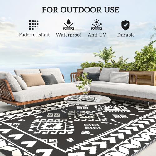 Outsunny Outdoor Rug for Patio Waterproof 8' x 10' Black & White ...
