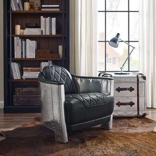 Art Leon Mid Century Industrial Genuine Leather Accent Club Chair Black