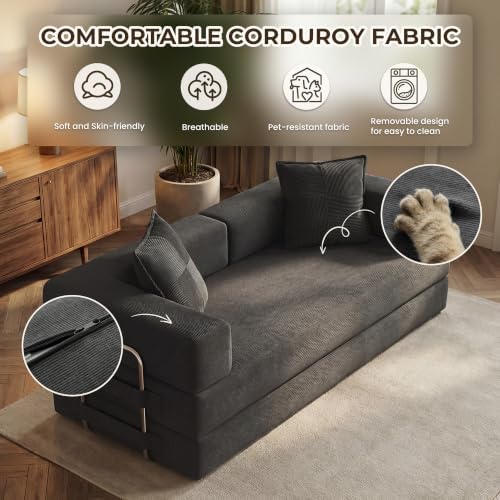 GRUSIGN 78" 5-in-1 Convertible Futon Sofa Bed, Boneless Corduroy, Gray