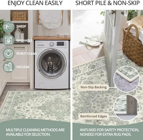 8x10 Non-Slip Washable Livingroom Vintage Area Rug, Sage Green
