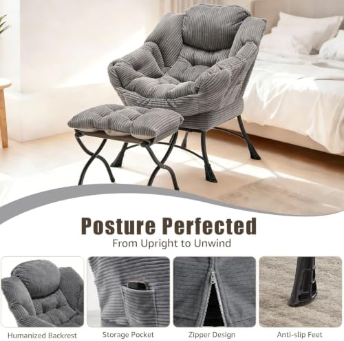 Lazy Chair with Ottoman, Modern Skinny Lounge Chair with Footrest