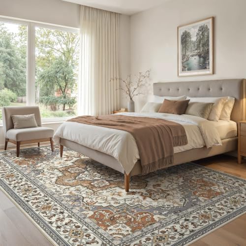 EIEIHOUSE 9x12 Area Rug Washable Vintage Rugs for Living Room Caramel Gray