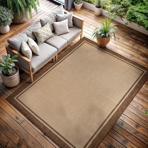 CAMILSON Outdoor Rug 5x7 Bordered Natural Brown Modern Area Rugs for Indoor a...