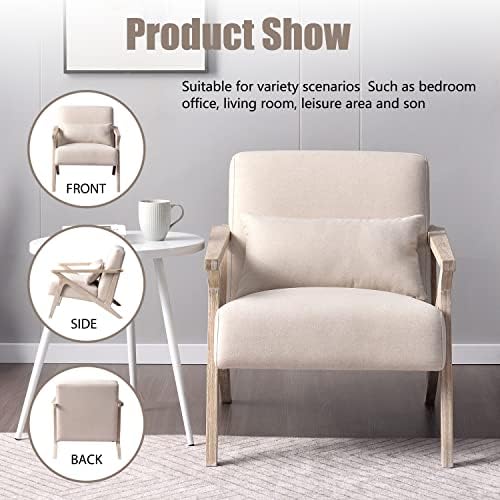 INZOY Mid Century Modern Chair with Wood Frame, Upholstered Armchair with Wai...