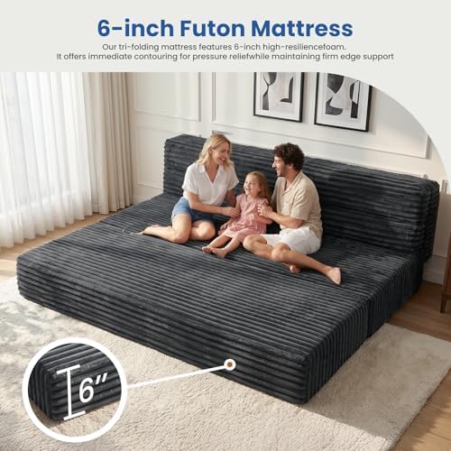Erament Tri-Fold Futon Sofa Bed, 6 Inch Foldable Floor Couch, High-Density Fo...