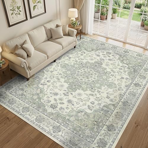 8x10 Non-Slip Washable Livingroom Vintage Area Rug, Sage Green