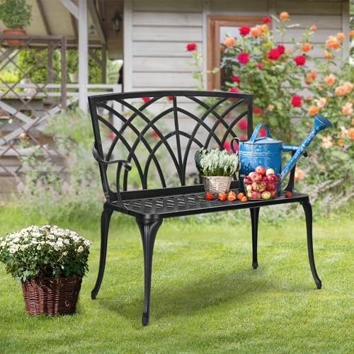 VINGLI 38" Outdoor Metal Bench, Cast Aluminium Garden Bench, Weatherproo...