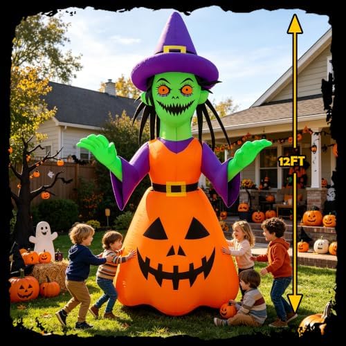 Giant 12ft Halloween Inflatable Yard Decor Witch Outdoor Decorations, with Build-in LED Lights - Outdoor Blow Up Decor for Yard, Party,Outside Halloween Decor
