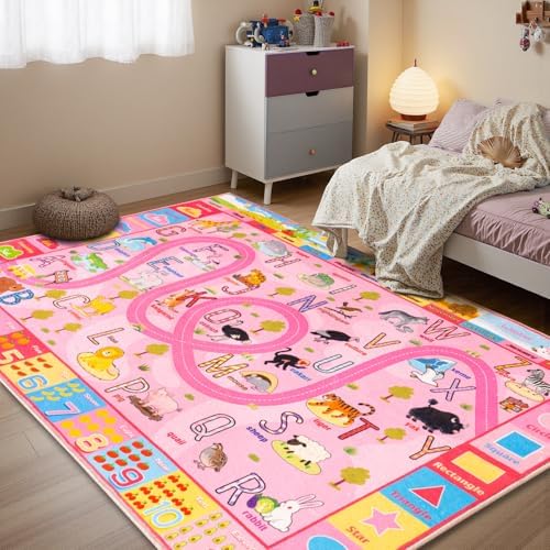 4 x 6 Feet Pink Zoo Themed Kids Educational Play Area Rug for Girls | Pink Non-Slip Washable Kids Learning Rug, Alphabet Numbers Zoo Animals Week Seasons Design for Classroom Playroom